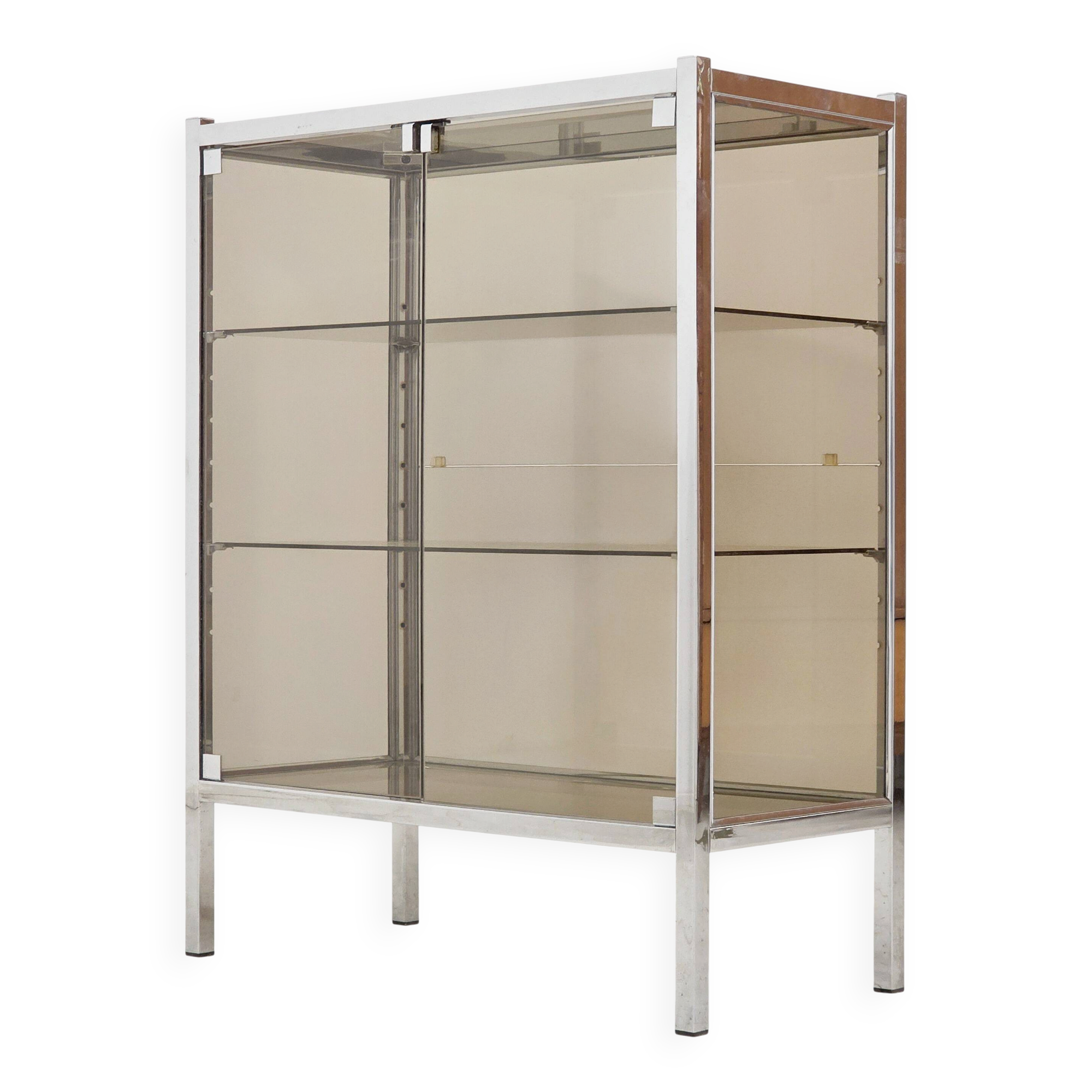 Chrome metal display cabinet with smoked glass – modernist design, 1920s.