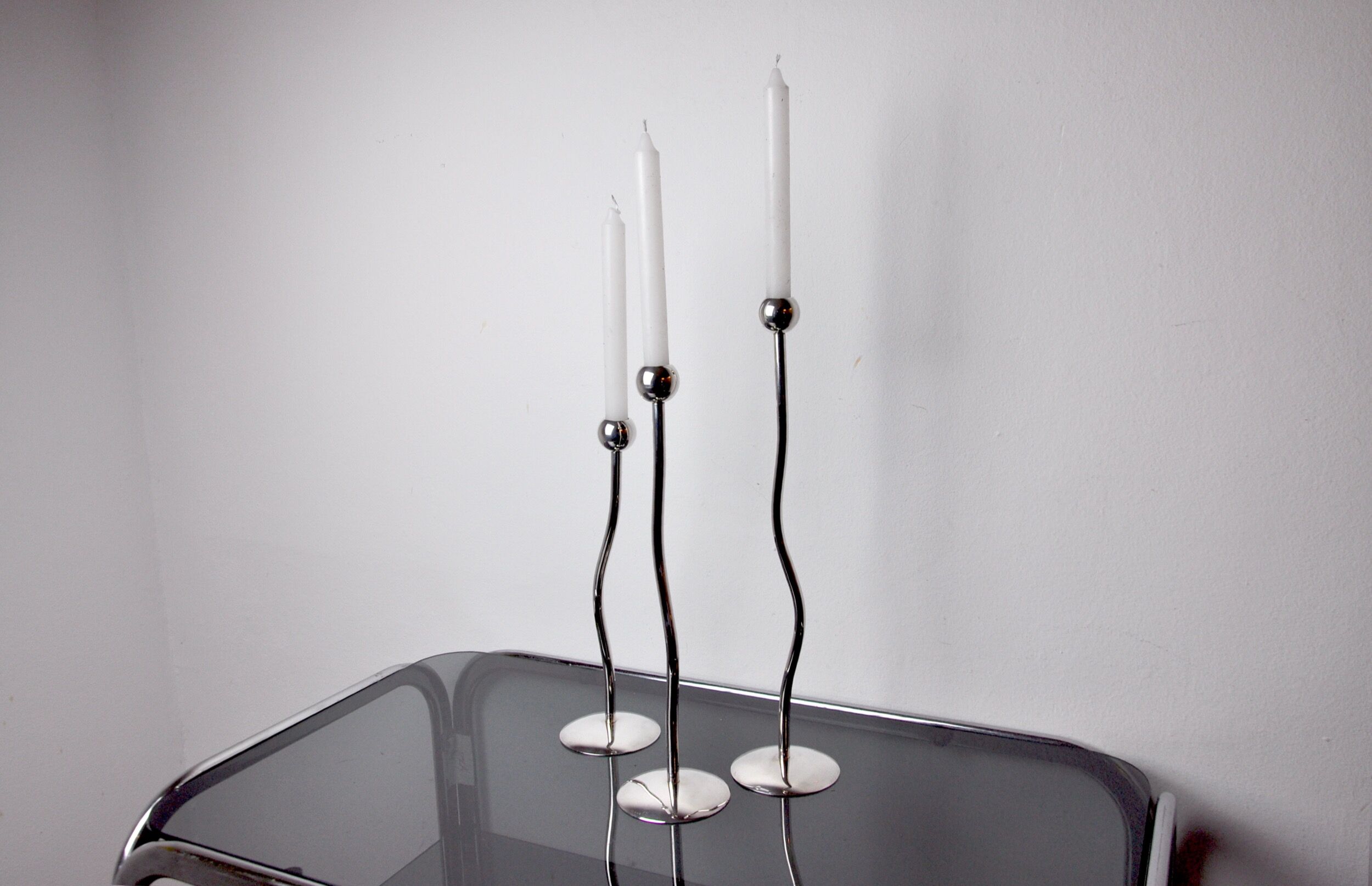 Trio of silver metal candle holders by Mesa, Italy, 1980