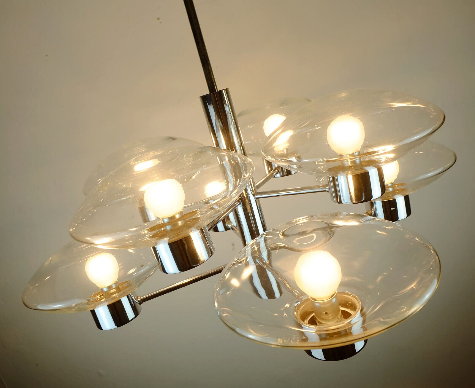 1970s kaiser 8-light PENDANT LIGHT chandelier chrom and clear glass