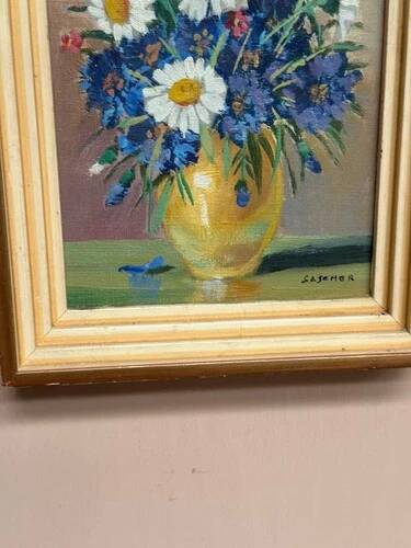 Mid-Century Oil on Panel “ Vase” by Sascher, Signed, Vintage & Framed 17 × 22cm