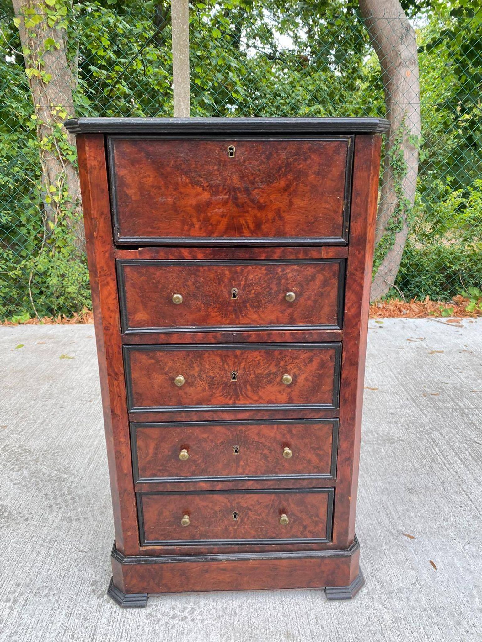 19th-century secretary chiffonnier in walnut burl & gilded leather with brass fittings.