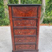 19th-century secretary chiffonnier in walnut burl & gilded leather with brass fittings.