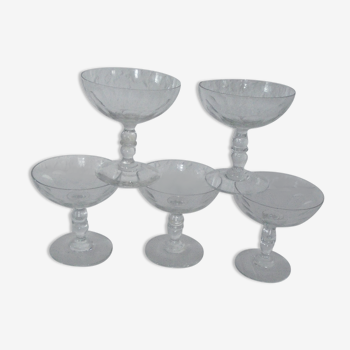 Set de 5 coupes champagnes à facettes verre ancien soufflé bullé début xxème