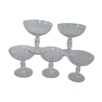 Set de 5 coupes champagnes à facettes verre ancien soufflé bullé début xxème