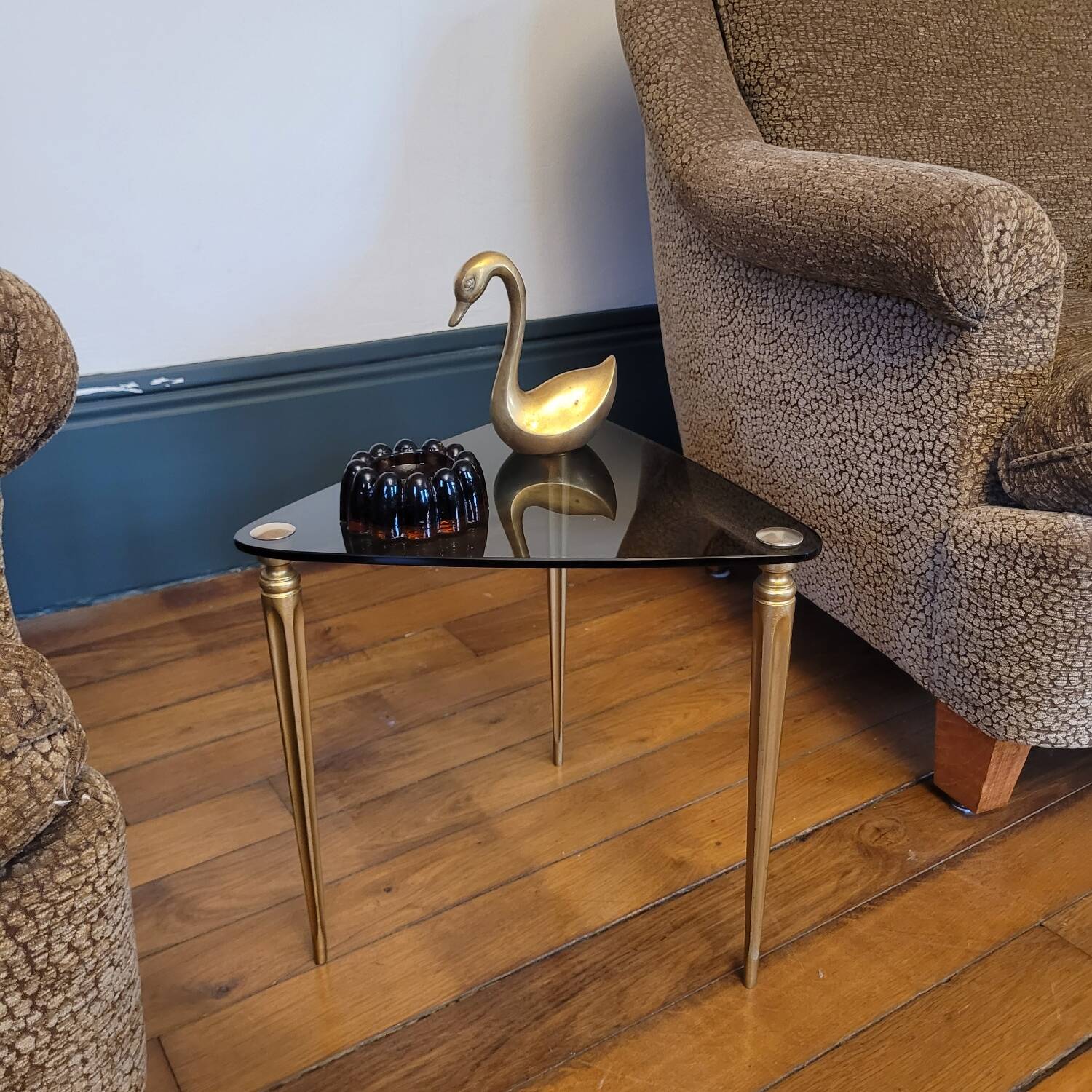 Tripod table in smoked glass – triangular top – 1950s–1960s