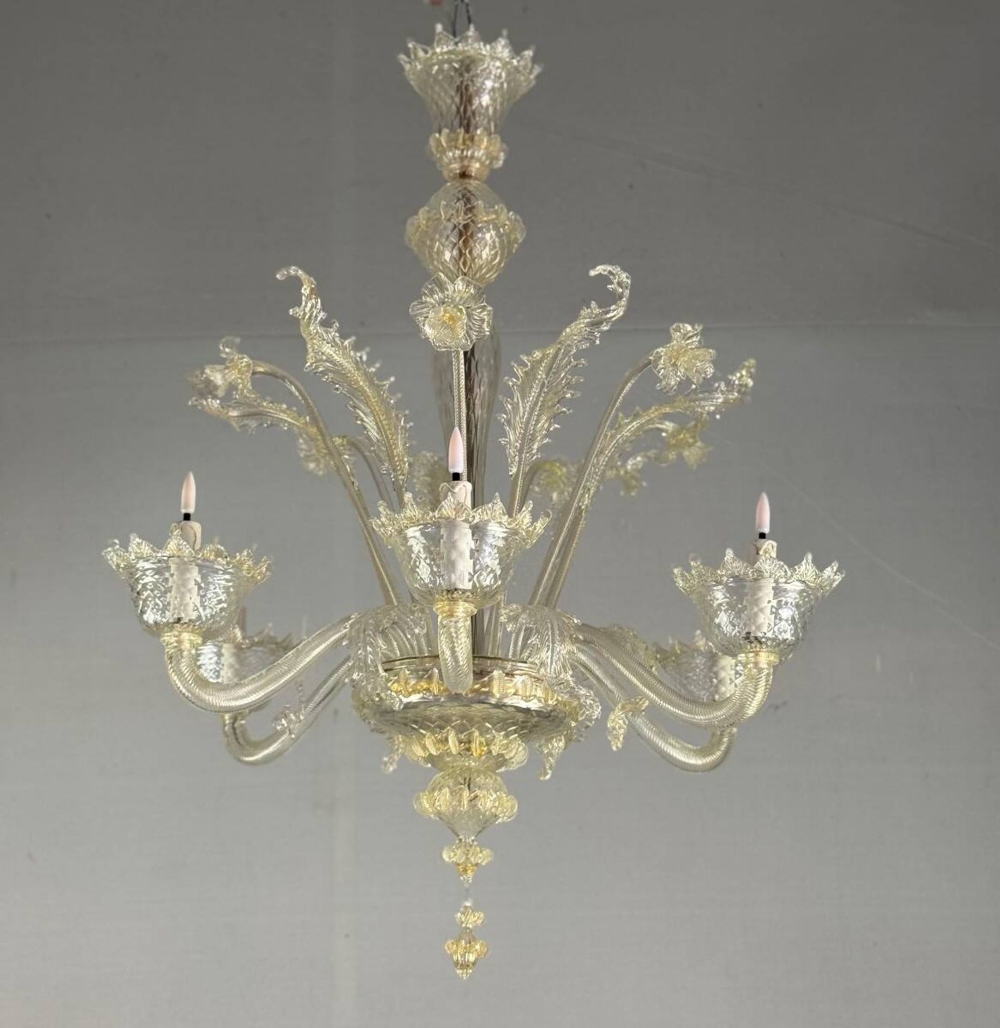 Venetian chandelier in gilded Murano glass, 6 light arms circa 1940