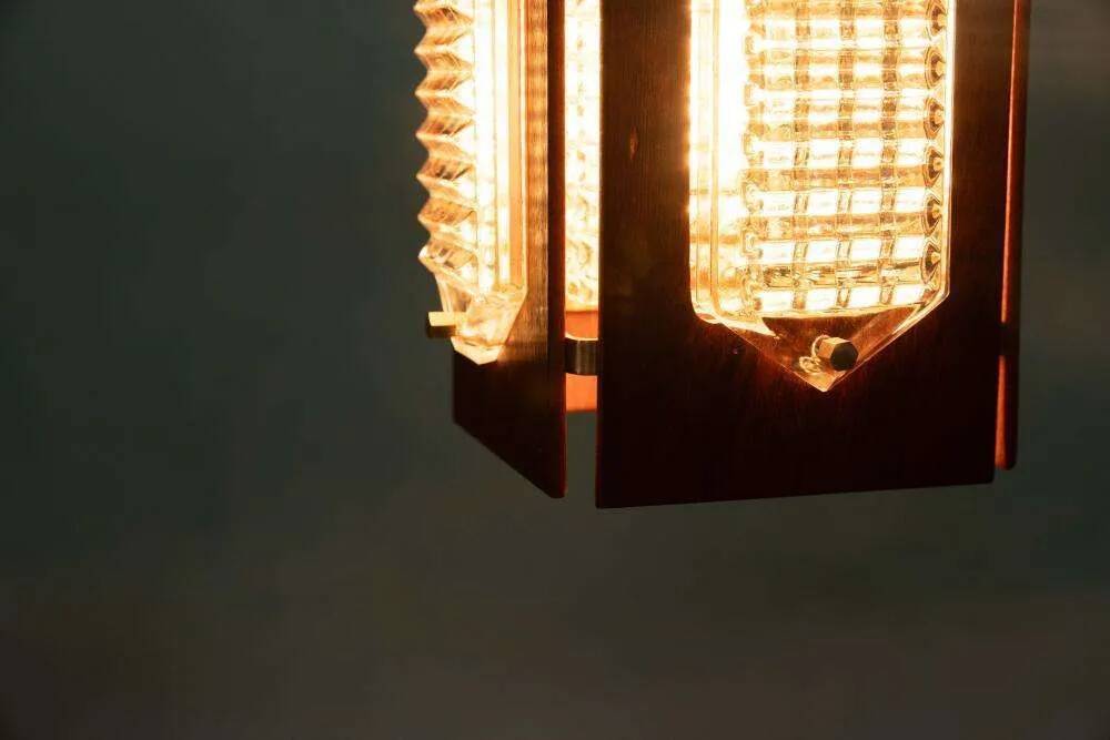 Vintage wooden and glass suspension Flygsfors Facette, glass lamp.