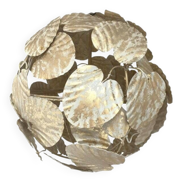 Pendentif suspendu sphérique contemporain feuille d’or et feuilles blanches