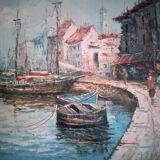 Seascape, seen from the port - Large oil on canvas (with a knife), signed R. Danford, framed
