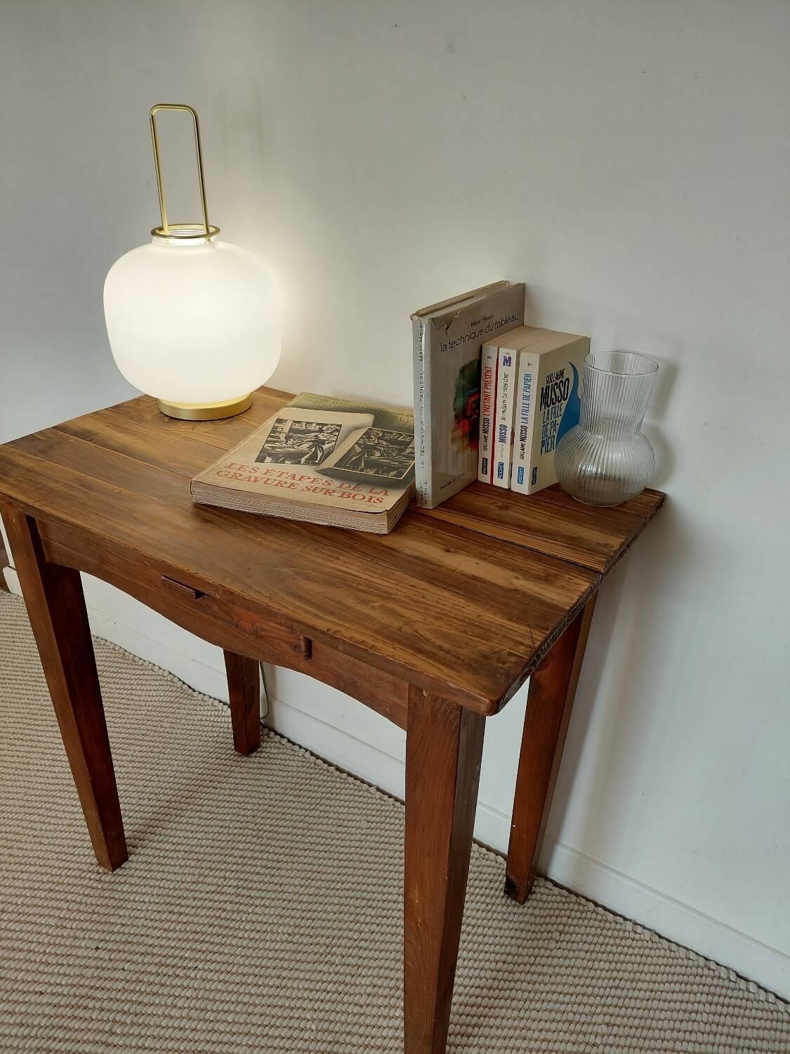 Old solid wood console - drawer - curved line - chic country style