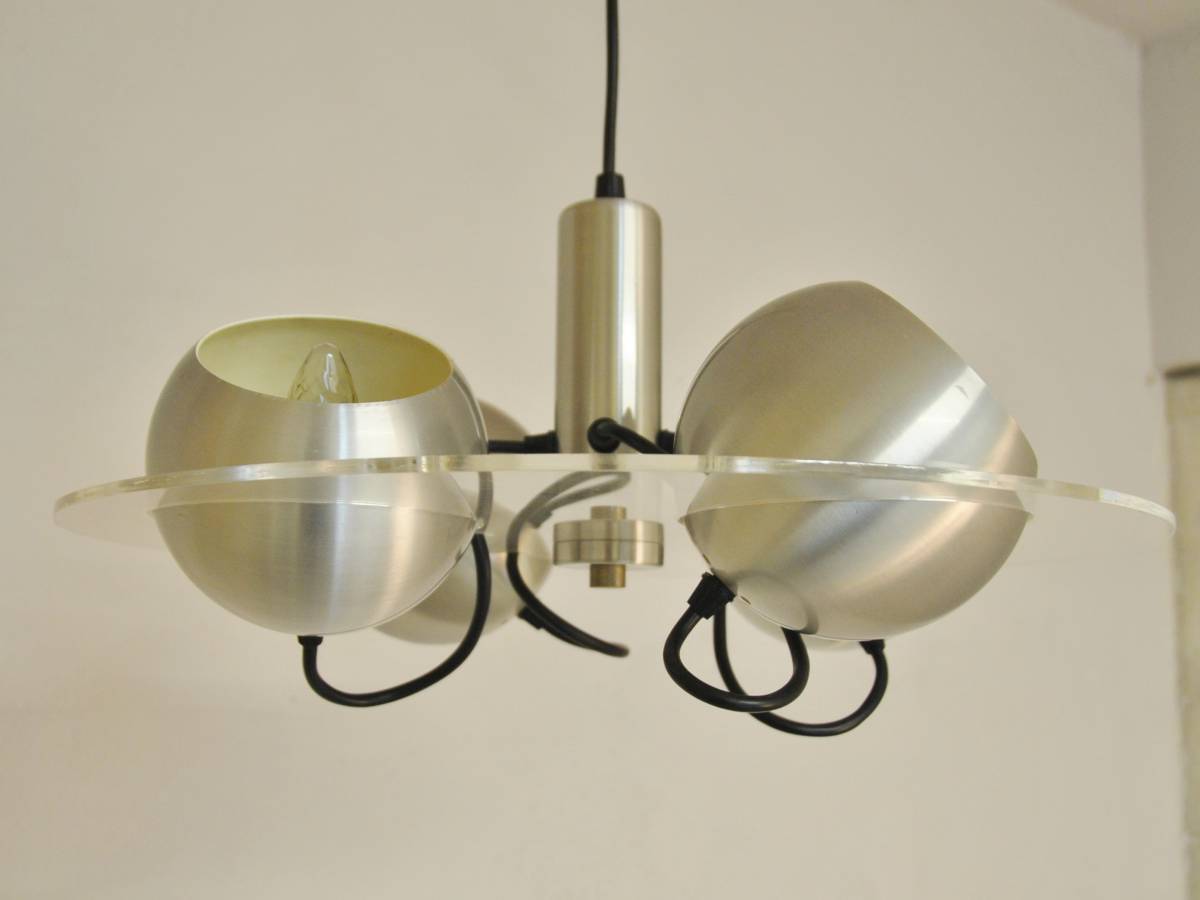 Space age pendant lamp with acrylic plate and 4 aluminum spots, 1970's