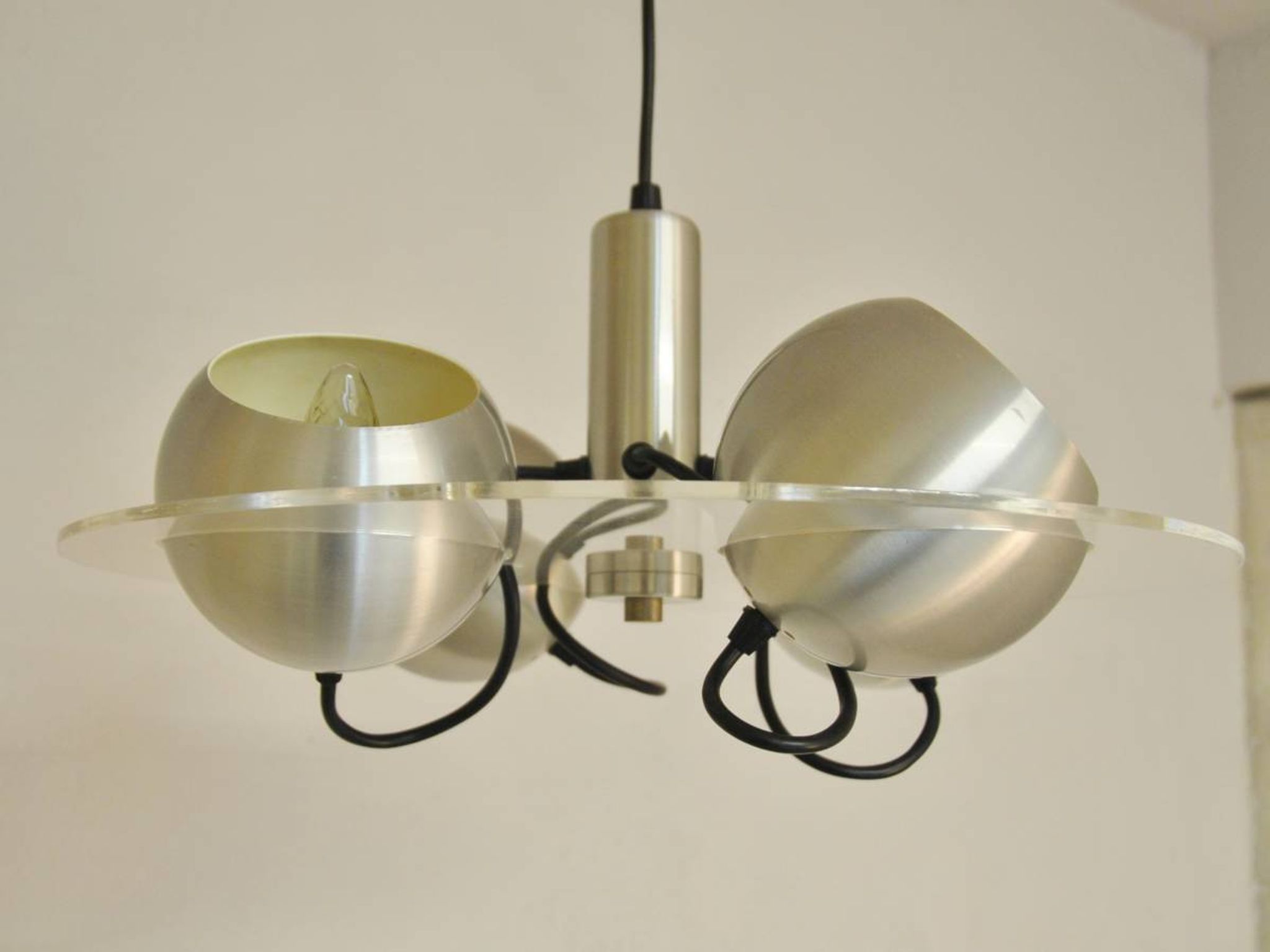 Space age pendant lamp with acrylic plate and 4 aluminum spots, 1970's