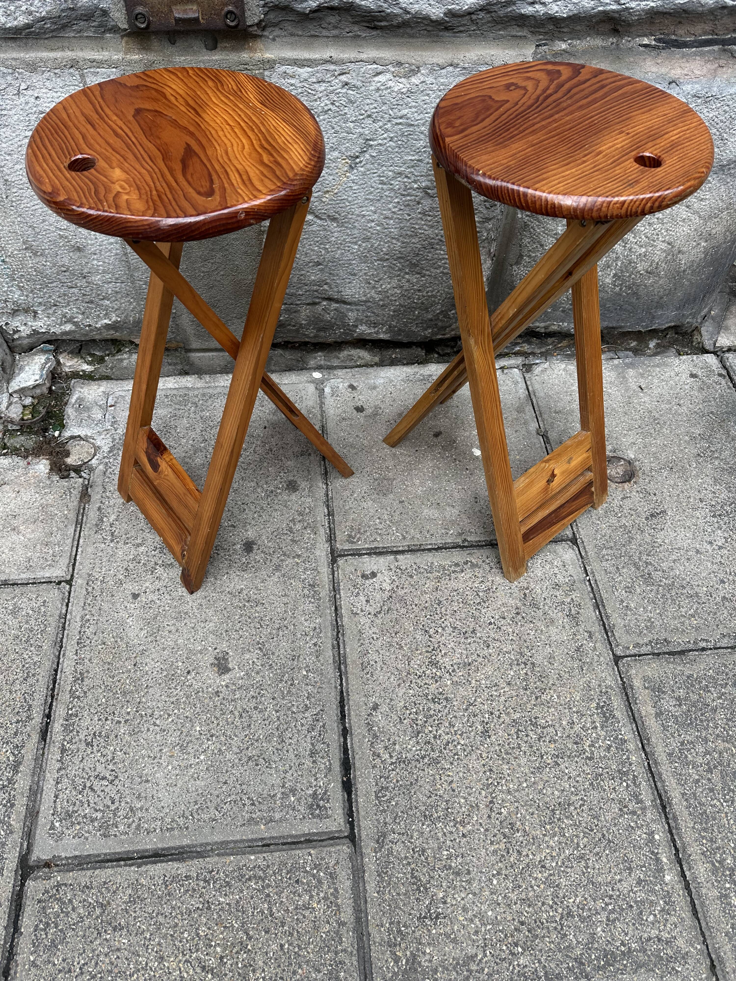 Pair of Adrian Reed Suzy folding stool seats in blond pine, 1970