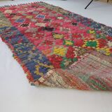 Old Moroccan hallway berber carpet woven with colorful boucherouite hand 210x90 cm