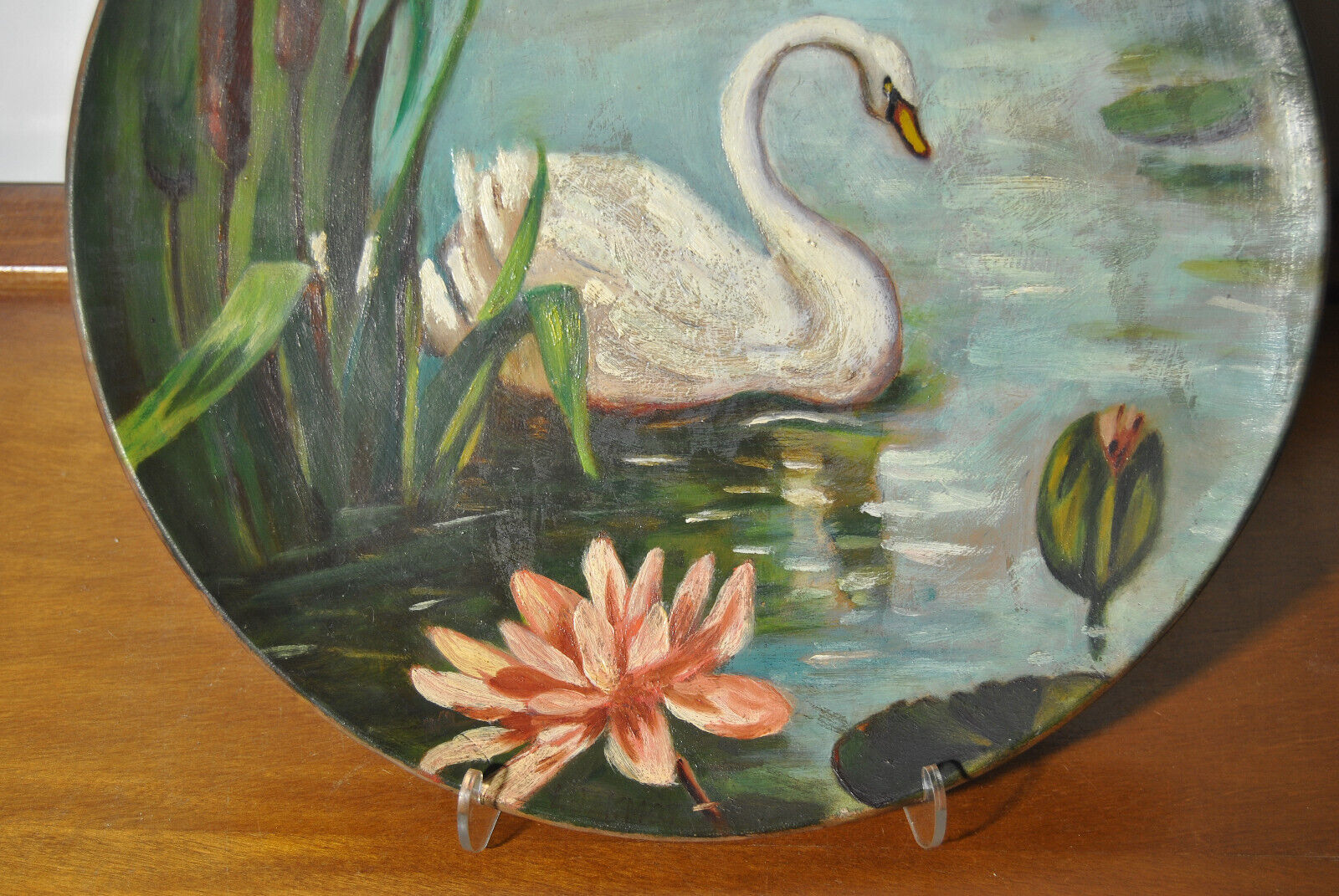 Set of 3 dishes 19th century terracotta painting 1895 boat lily lily swan