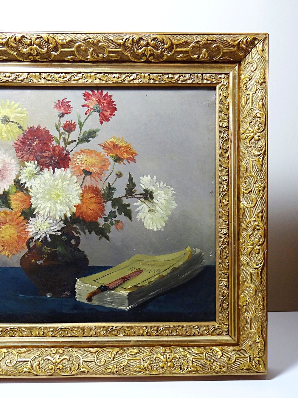 Oil painting on canvas, still life with chrysanthemums, signed L.Porte 1888.