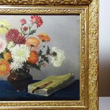 Oil painting on canvas, still life with chrysanthemums, signed L.Porte 1888.