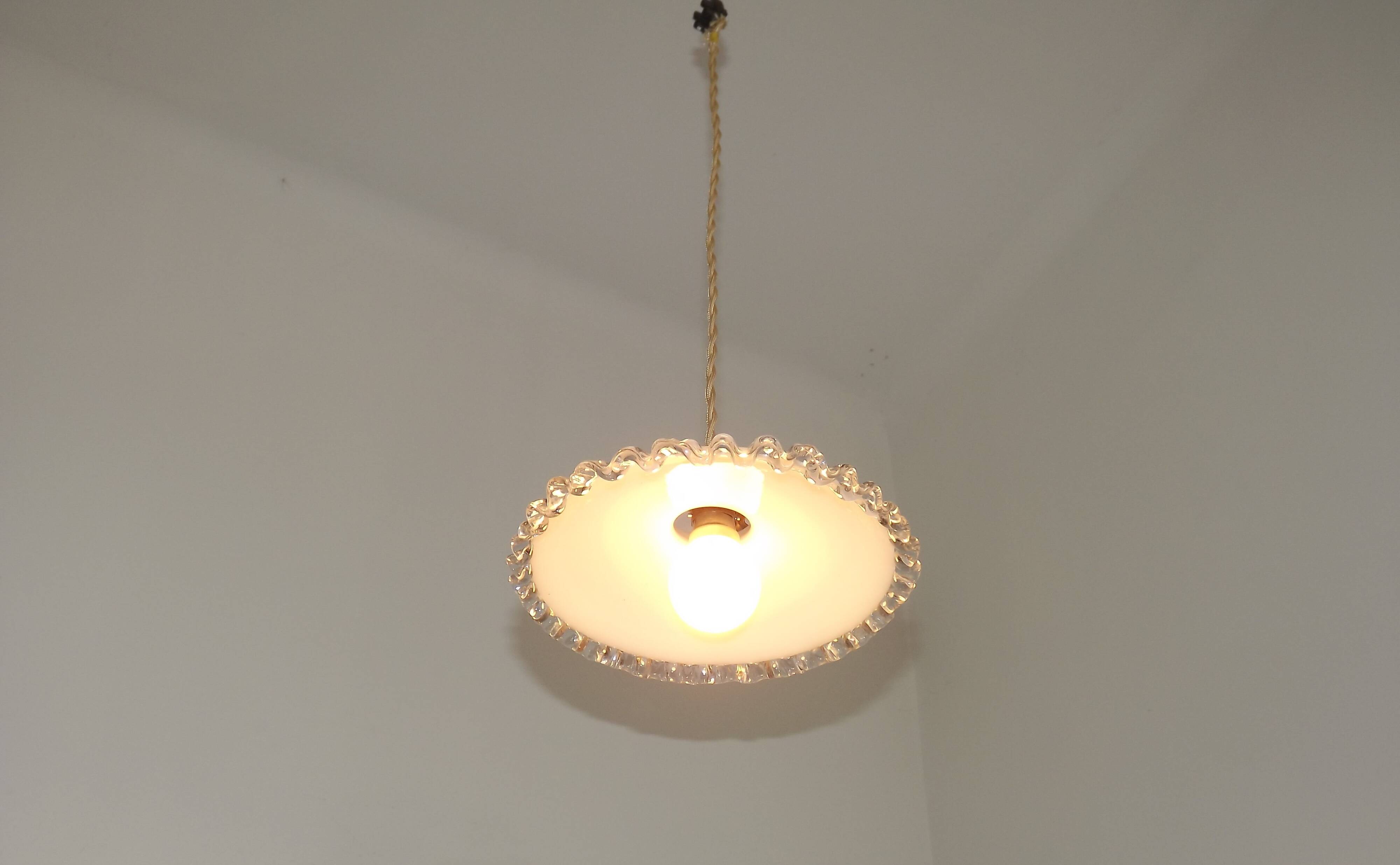 Vintage French Art Deco Opaline Glass Pendant Light Clear Frilled Edge