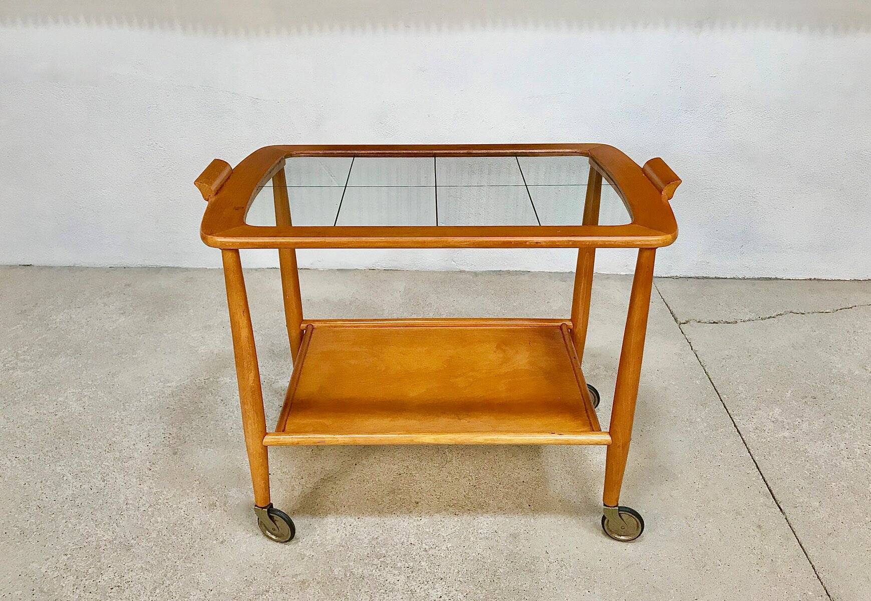 Mid-Century Modern Beech, Glass & Brass Serving Trolley, Germany 1950s