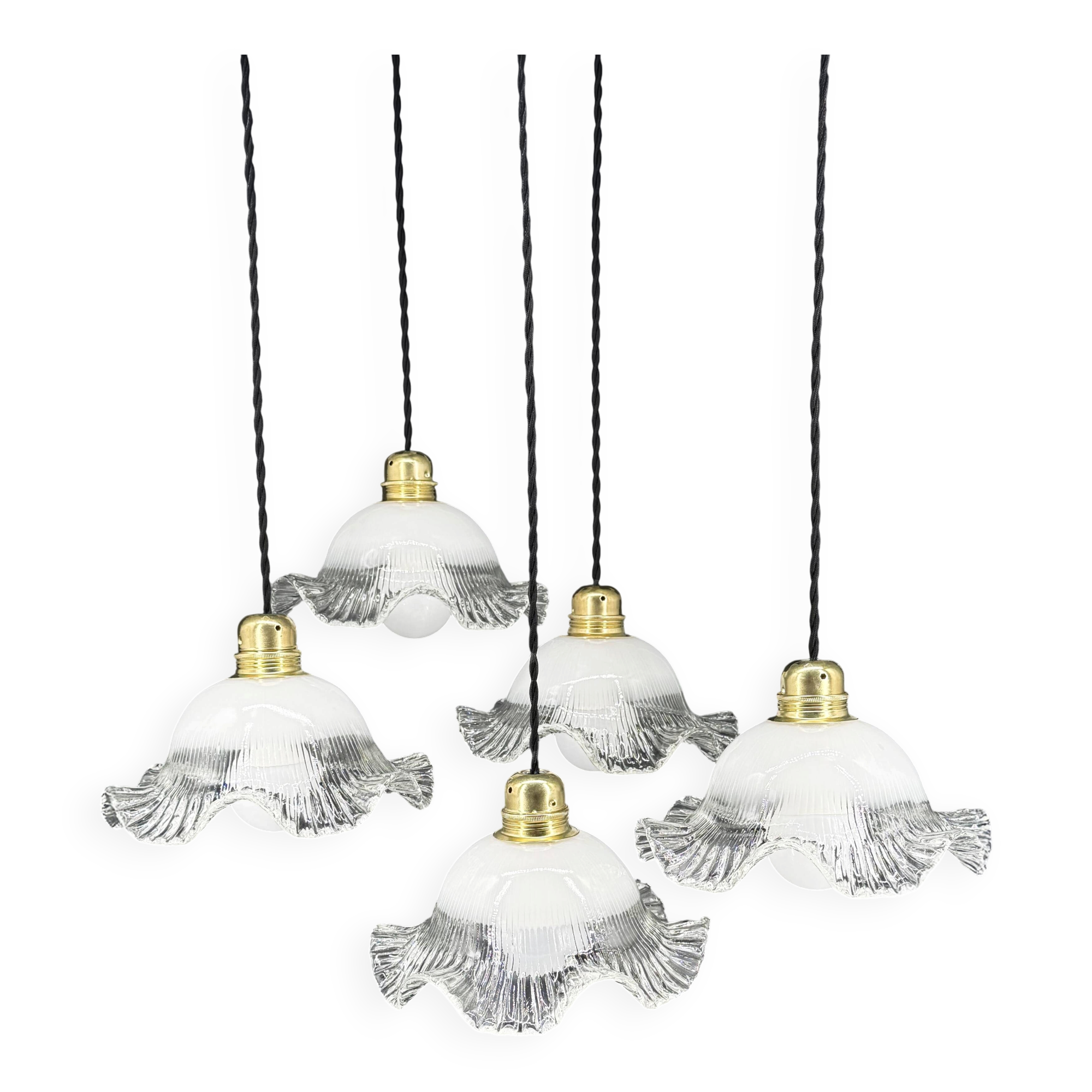 Set of 5 scalloped white opaline flower pendants, braided black cable.