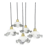 Set of 5 scalloped white opaline flower pendants, braided black cable.