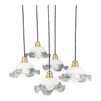 Set of 5 scalloped white opaline flower pendants, black braided cable.