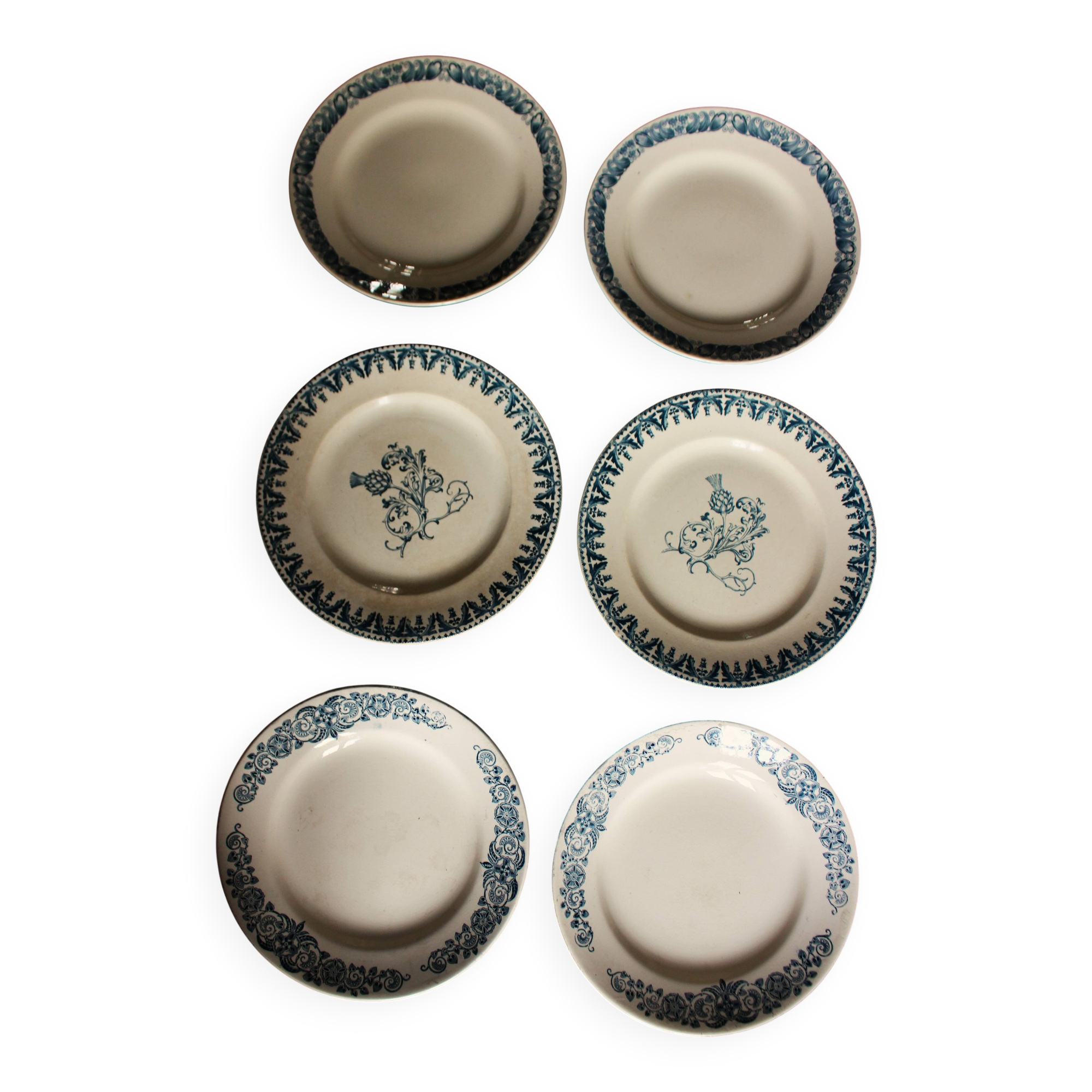 6 mismatched flat plates Terre de fer bleu Alésia Marcel Longchamp