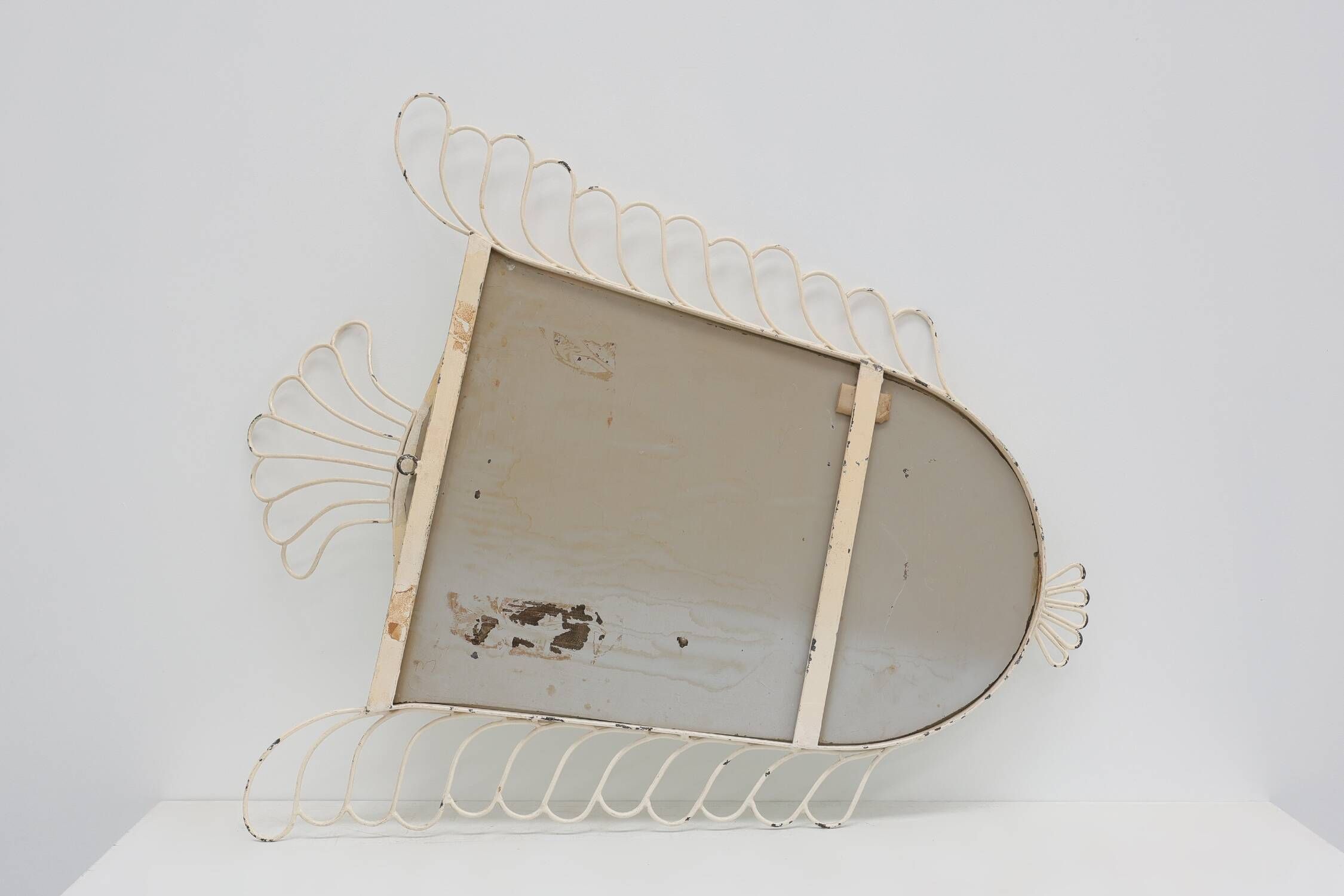 French White Lacquered Metal Mirror with Looped Wire Frame and Fan Crest, 1