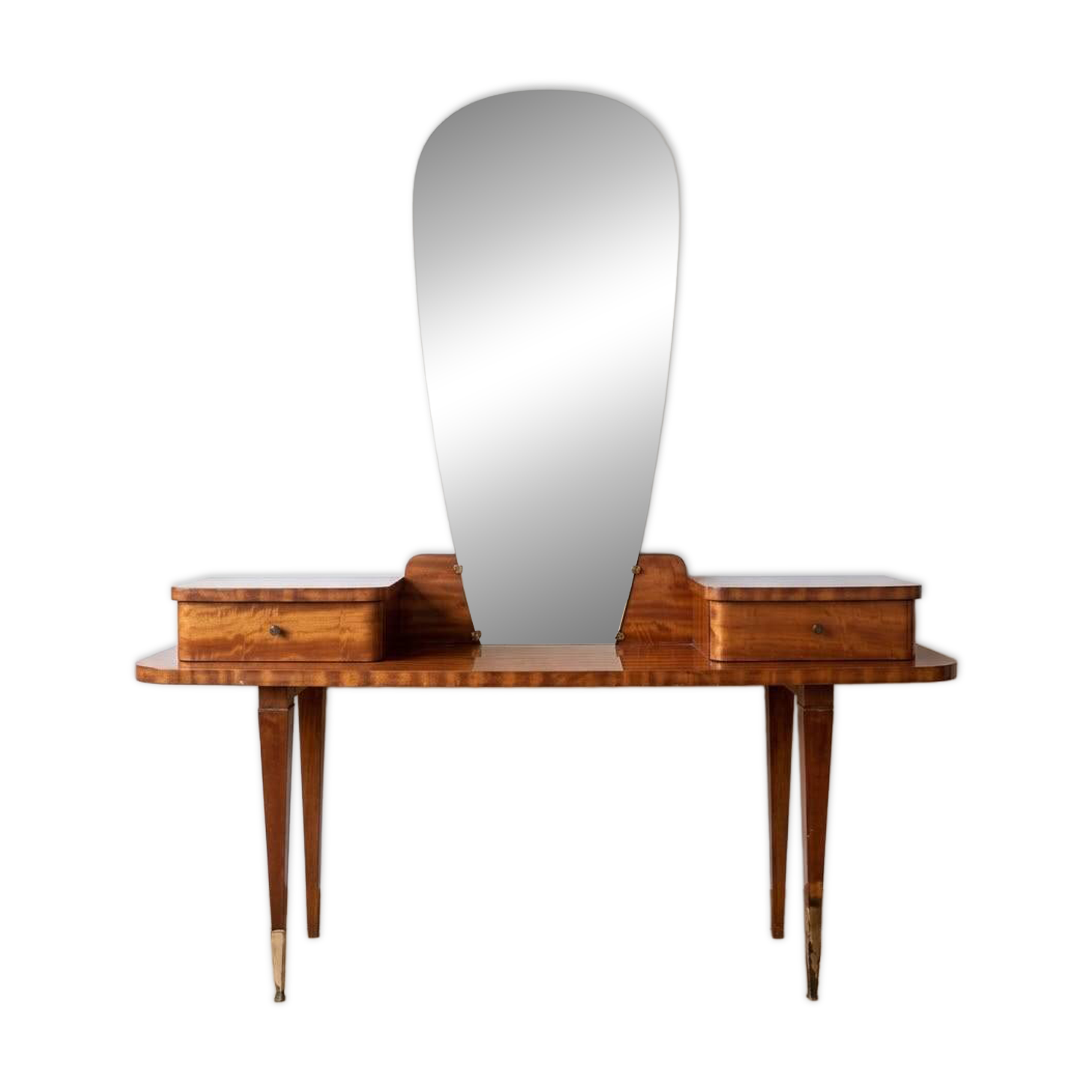 Vintage 1950s wooden vanity with mirror.