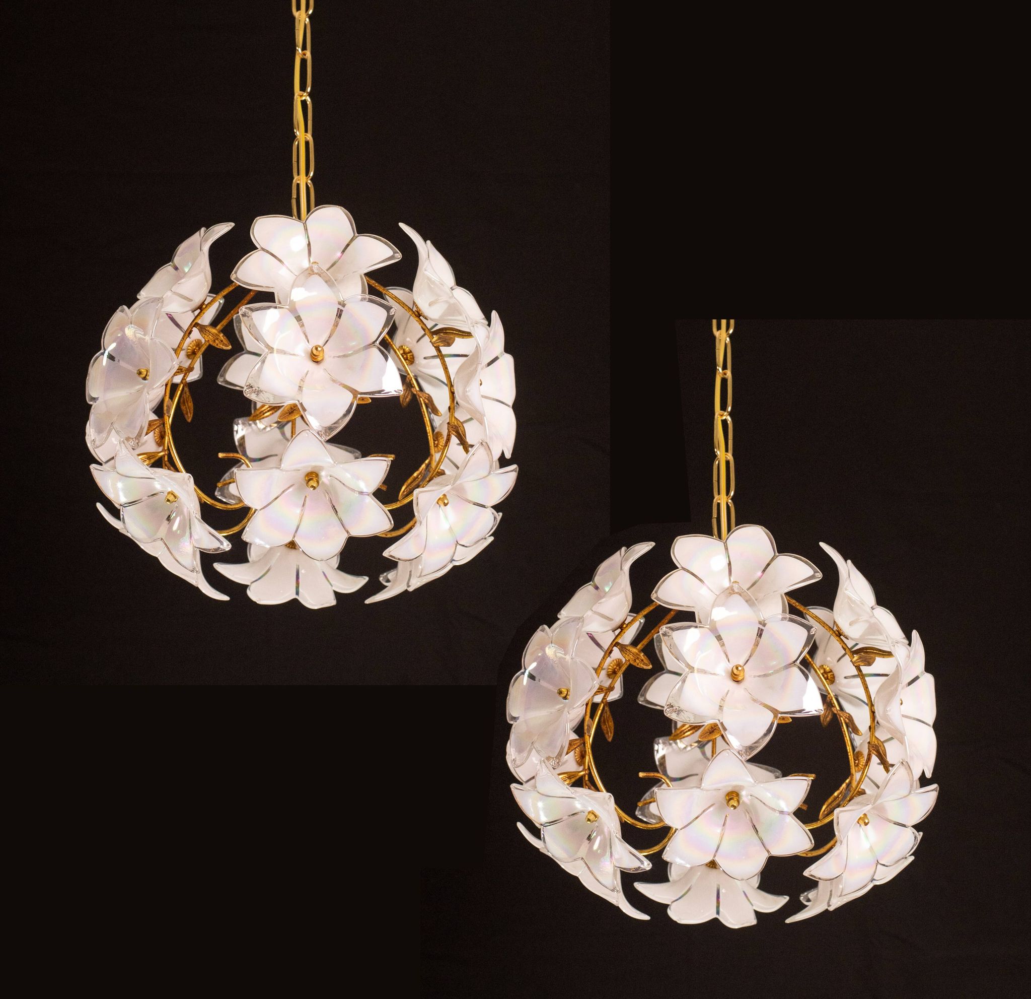 Set of 2 Murano Spherical Chandelier Full of White Flowers, 1980s