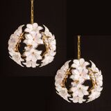 Set of 2 Murano Spherical Chandelier Full of White Flowers, 1980s