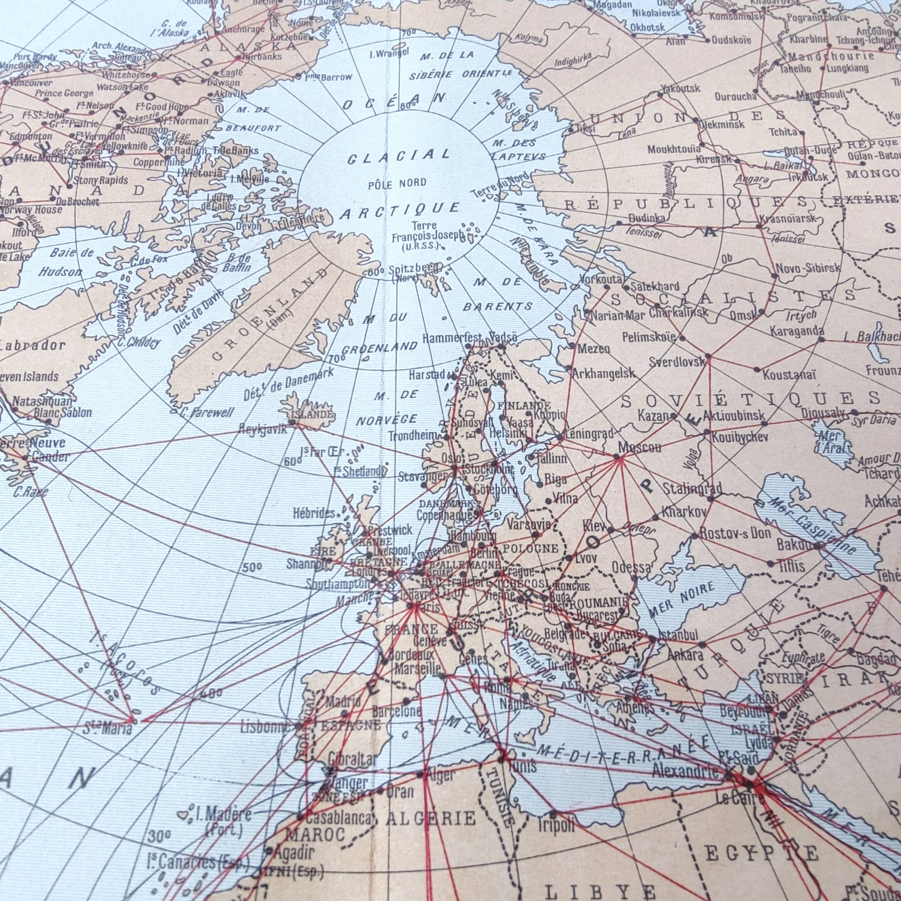 World map planisphere vintage air and maritime lines from 1950