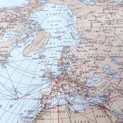 World map, planisphere, vintage air and sea routes from 1950.