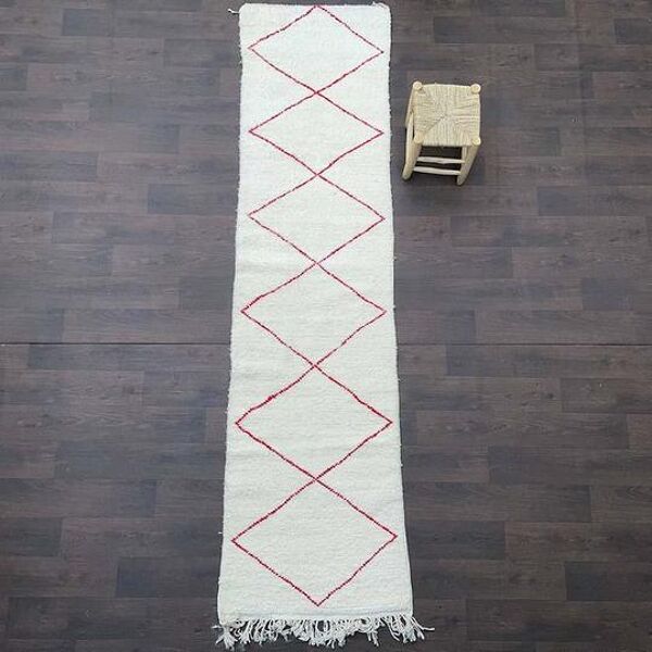 Tapis de couloir berbère blanc et rouge 85 x 310 cm