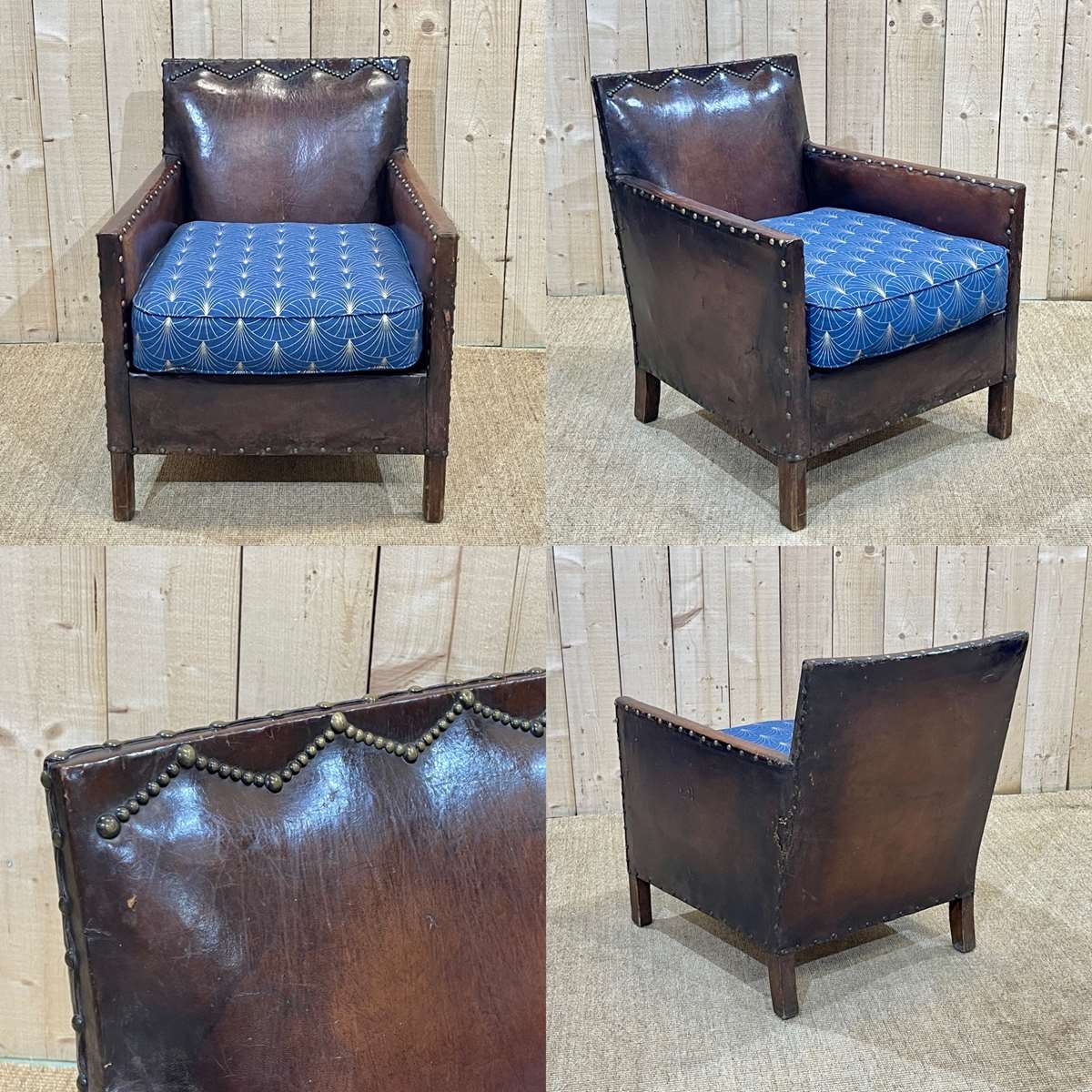 Club armchair art deco era leather and fabric cushion