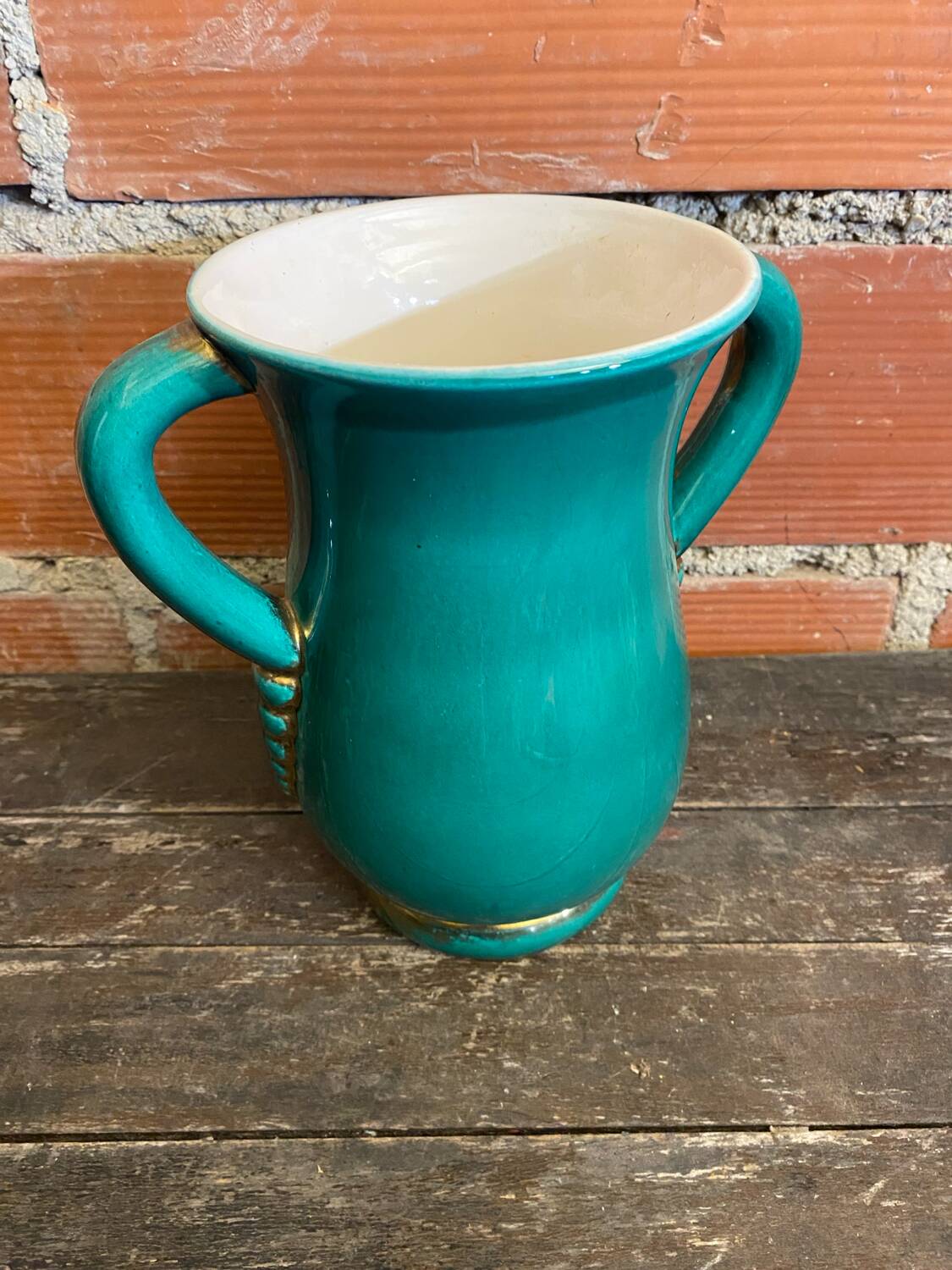 Vintage Green & Gold Ceramic ARC Vase Made in France #D777
