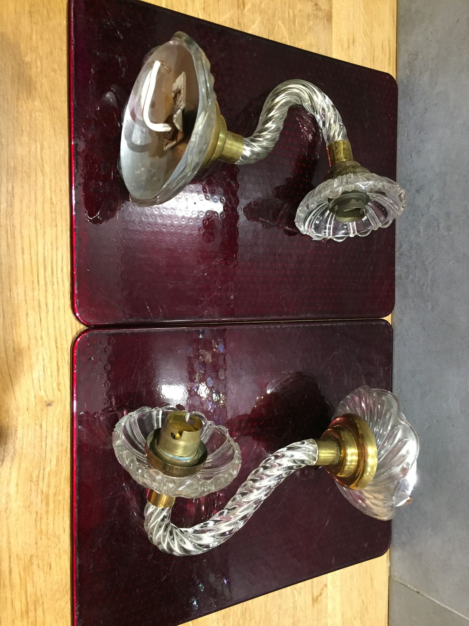 Pair of glass and gold metal sconces in the 1950s