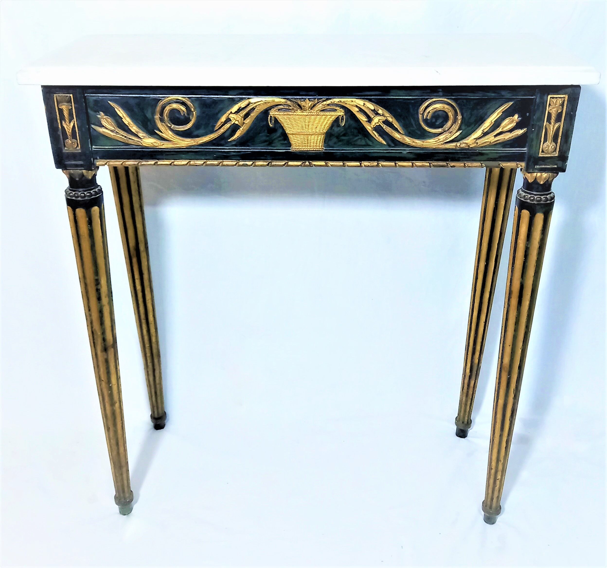 19th century Louis XVI style console table in black and gold with white marble shelf