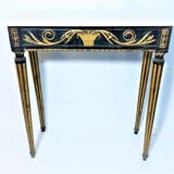 19th century Louis XVI style console table in black and gold with white marble shelf