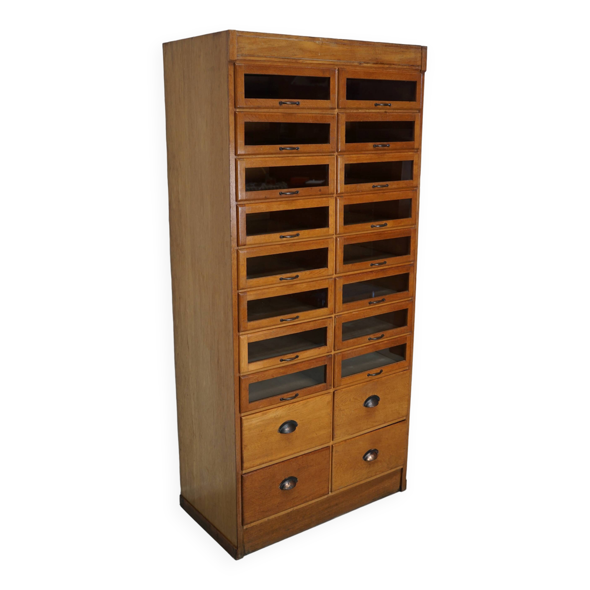 English Haberdashery Shop Cabinet with Glass Fronted Drawers, Circa 1930s