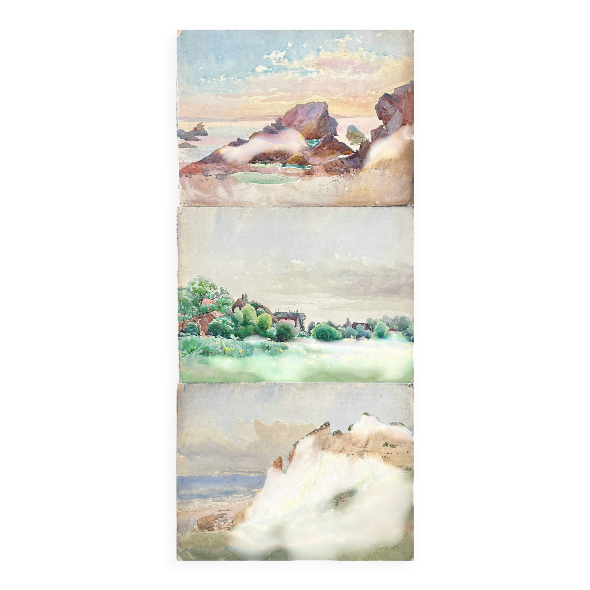 Painting Set of 3 watercolors Normandy Brittany Landscape Marine Ad. Cassagne