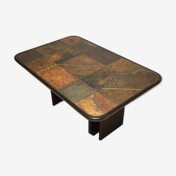 Brutalist lift-up coffee table in slate and wood, 1970