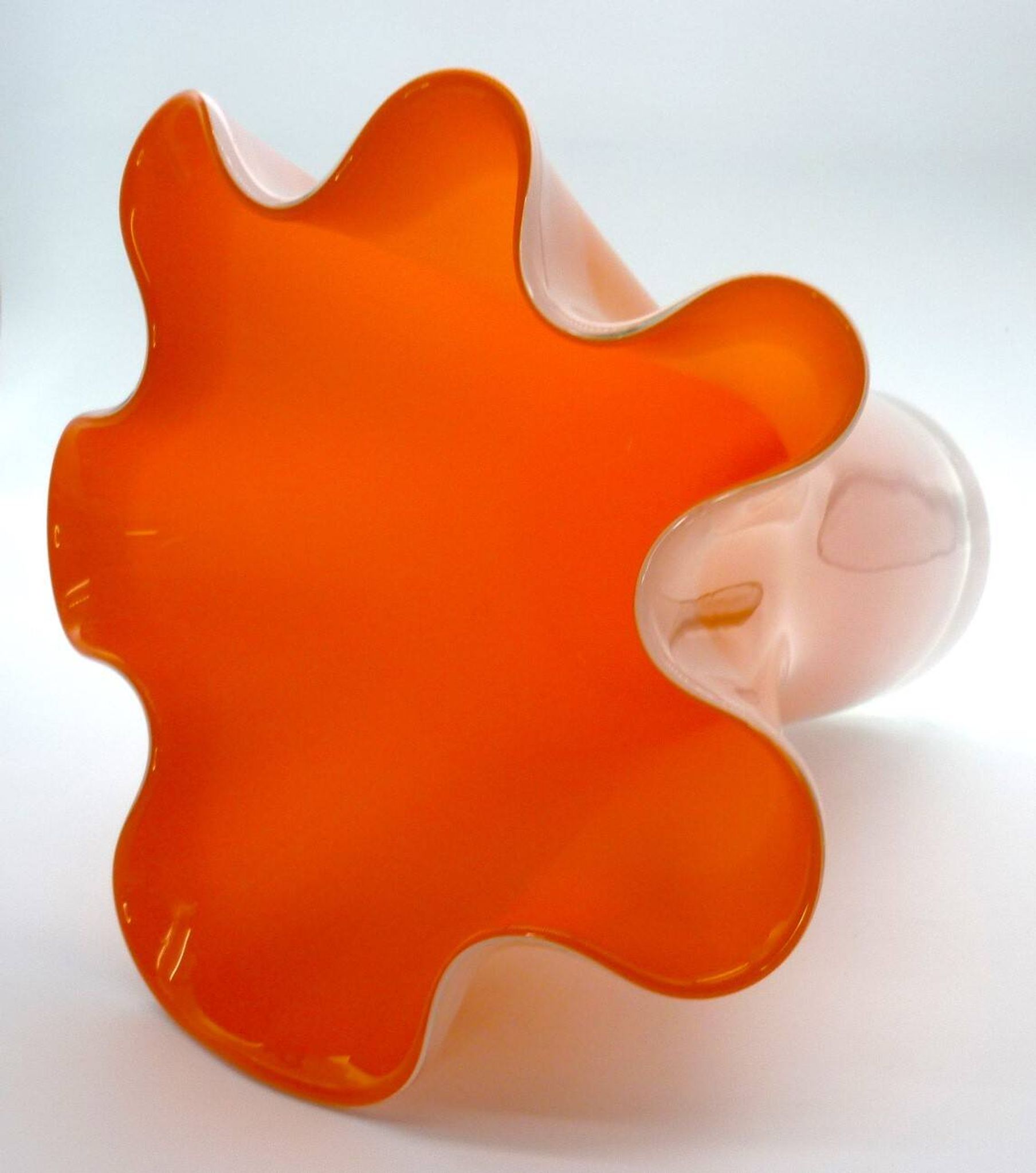 Murano handkerchief vase, blown glass, 1960s design, white and orange.