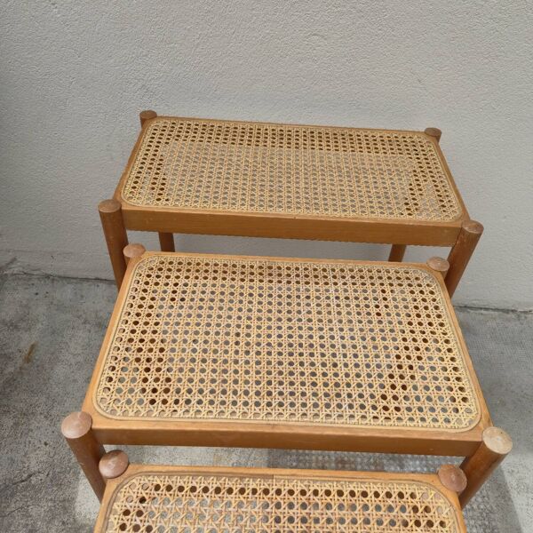 3 tables basse gigognes vintage en cannage et bois