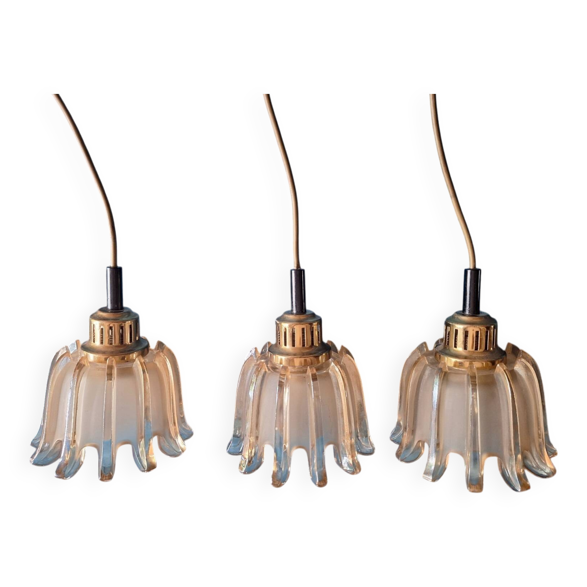 Set of 3 Doria pendant lights in brass and amber-coloured glass, 1960s