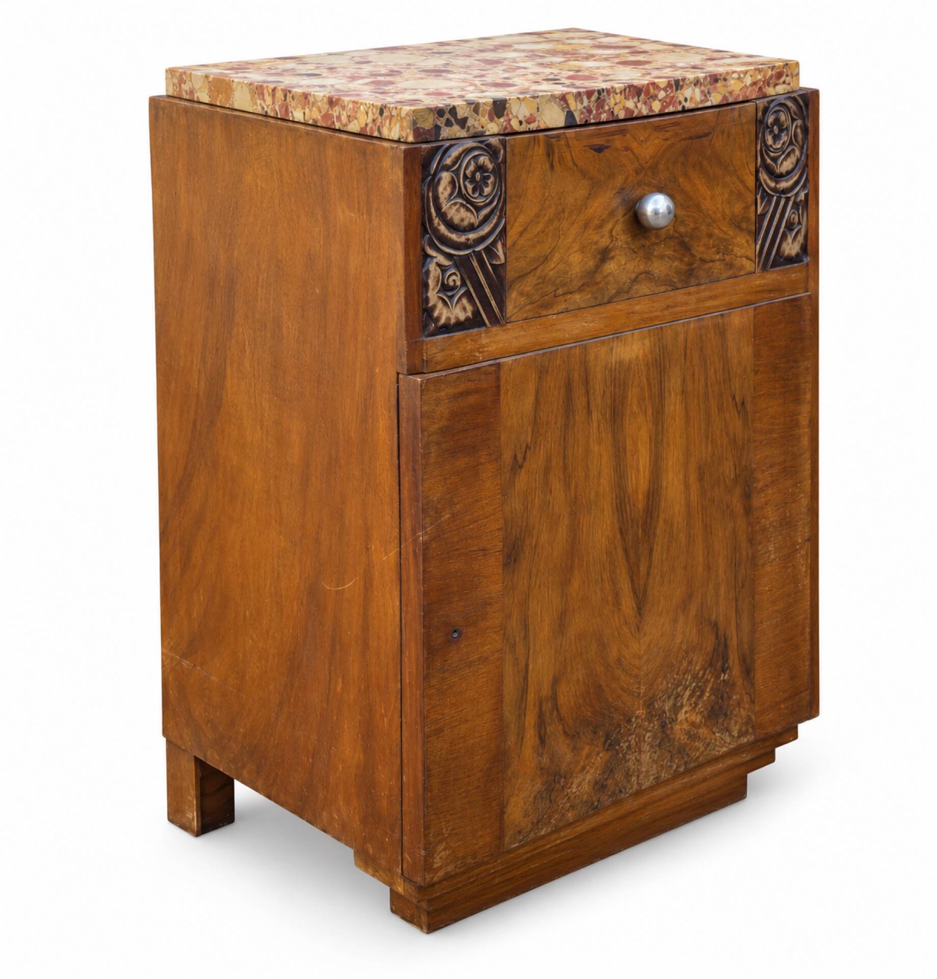 Ensemble coiffeuse 1930 Art Déco en Noyer avec dessus marbre et chevet