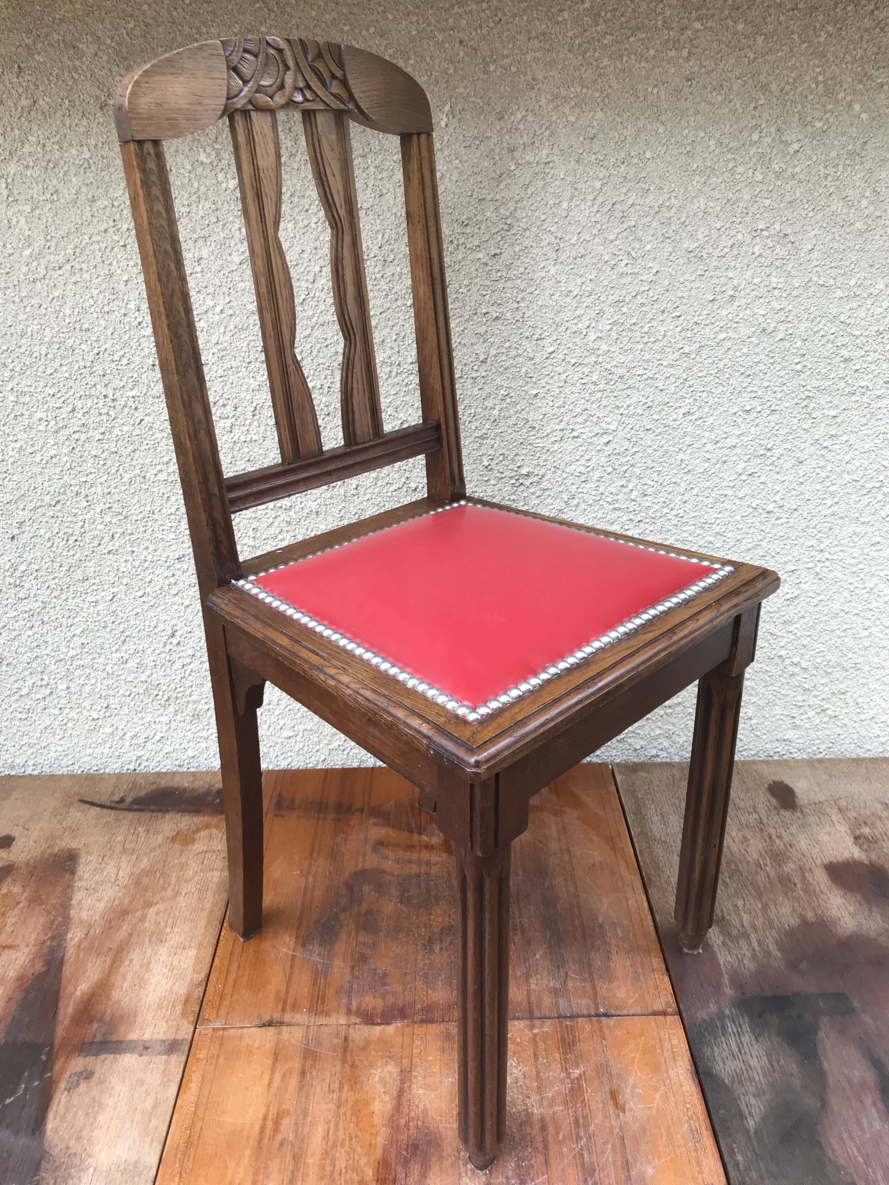 Pair of old chairs art deco in sculpted wood & vintage red leather seat