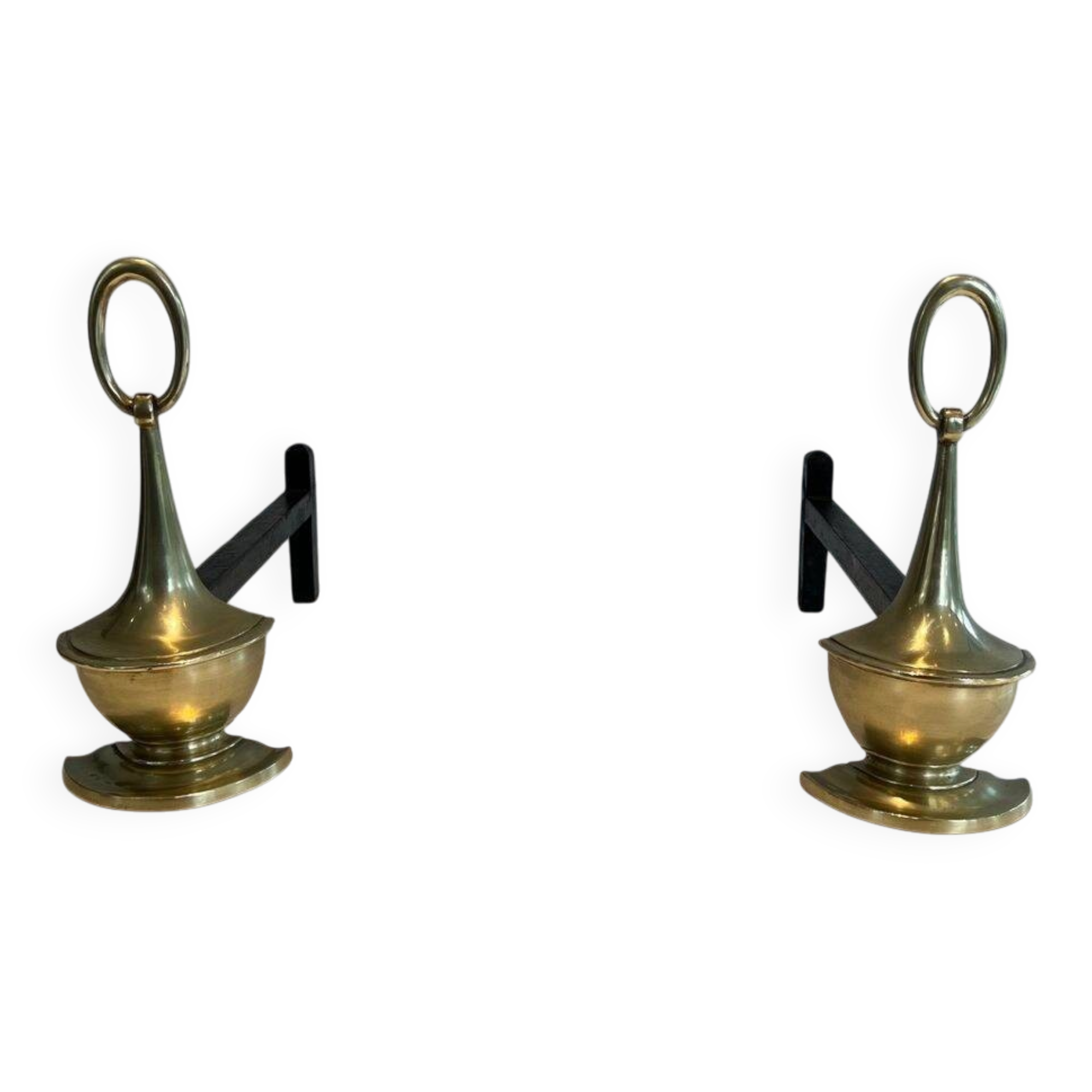 Paire de Chenets en Bronze Néoclassiques en Forme de Lampes Antiques à Anne