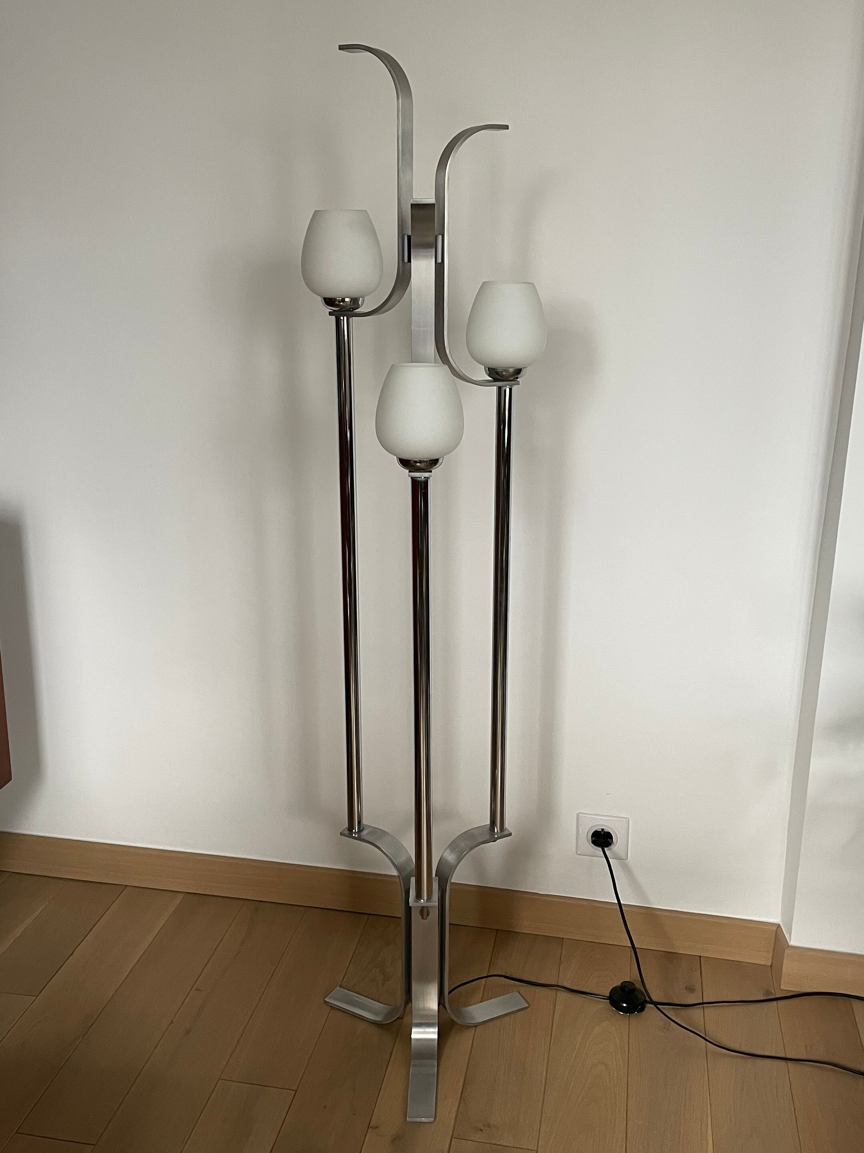Space age lamp in brushed steel and opalin glass, 1970