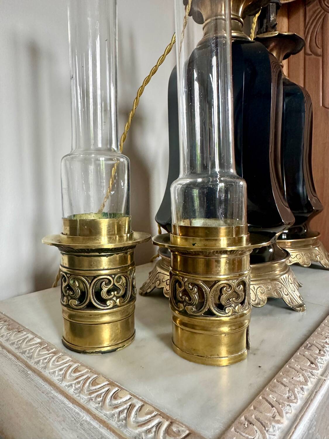Pair of Napoleon III bronze and glass lamps